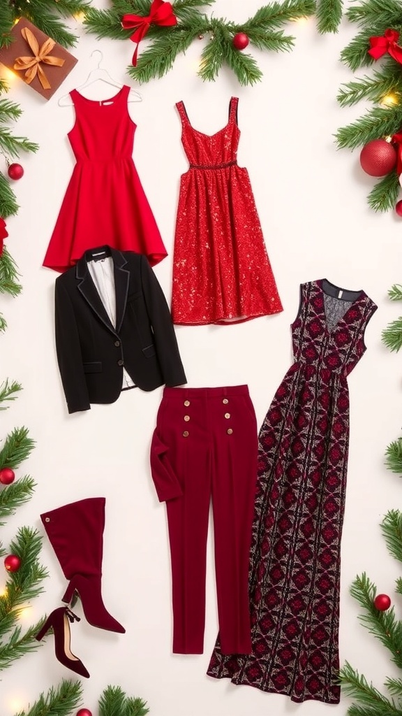 Stylish Christmas party outfits including a black dress, red jumpsuit, sparkly skirt, velvet blazer, and patterned maxi dress on a festive background.